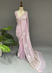 Mul Chanderi Chikankari Saree - Lilac