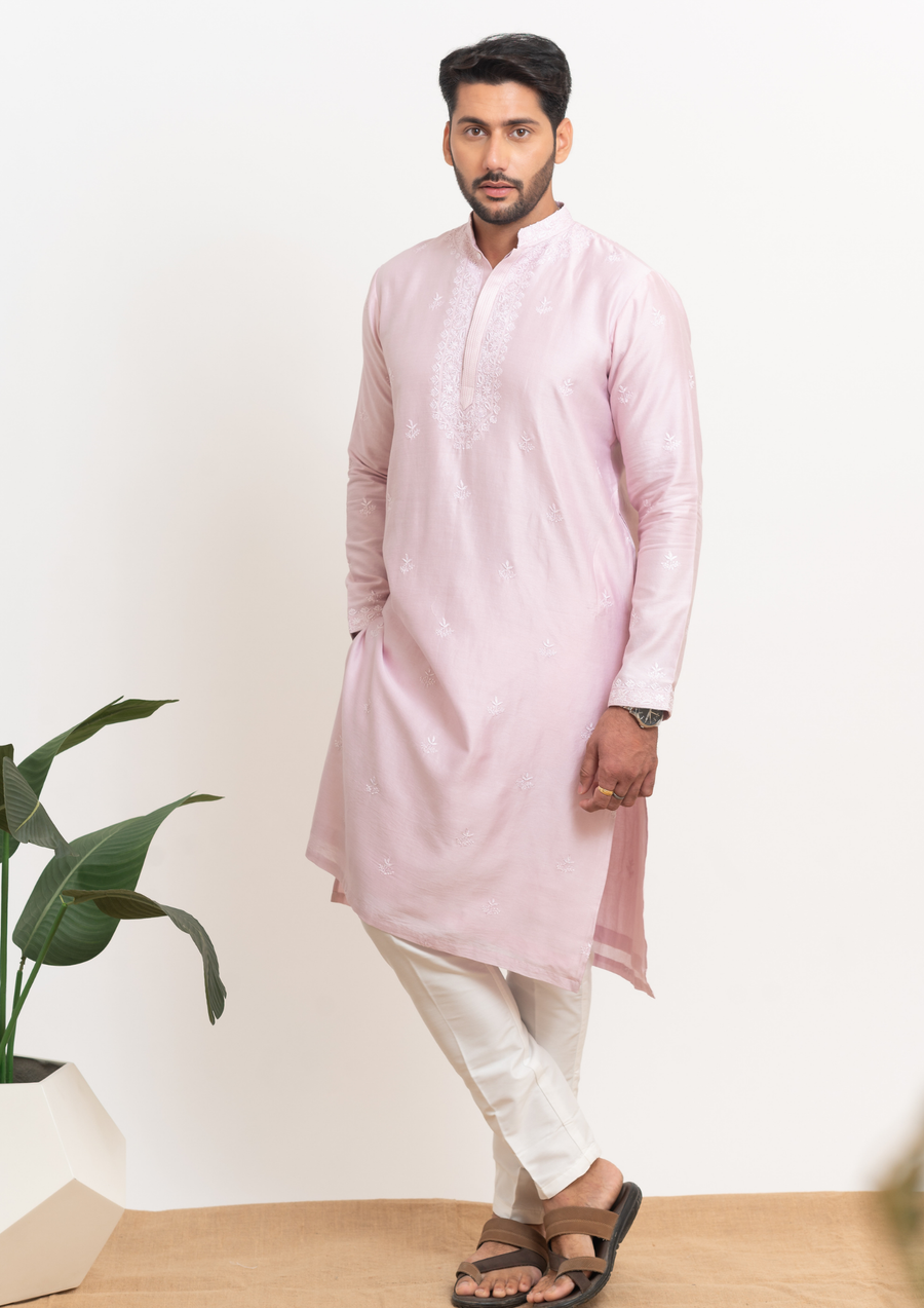 Chanderi Chikankari Men's Kurta - Light Mauve