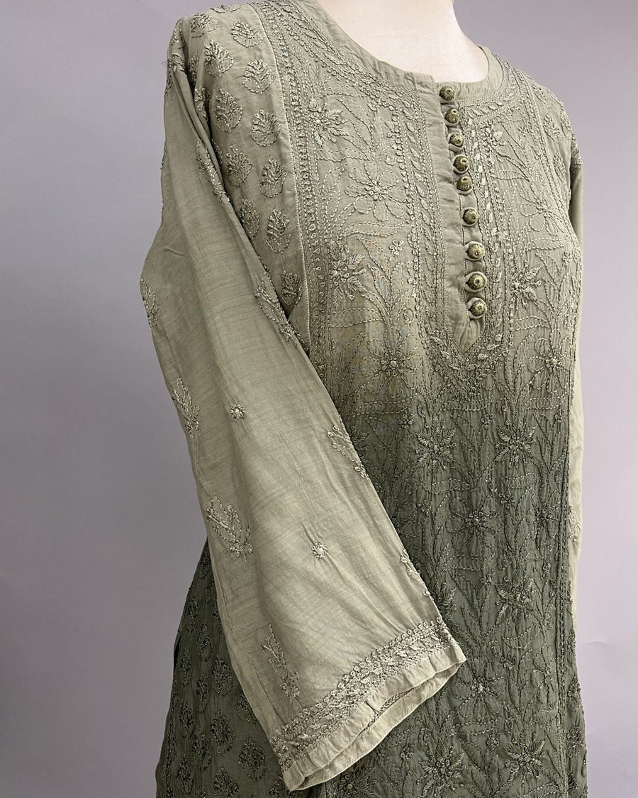 Muslin Chikankari Short Kurti - Olive Green