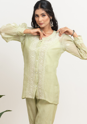 Mul chanderi Chikankari coord set - Soft Green