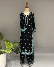 Rayon Chikankari Kurta and Bottom Set - Black and Teal