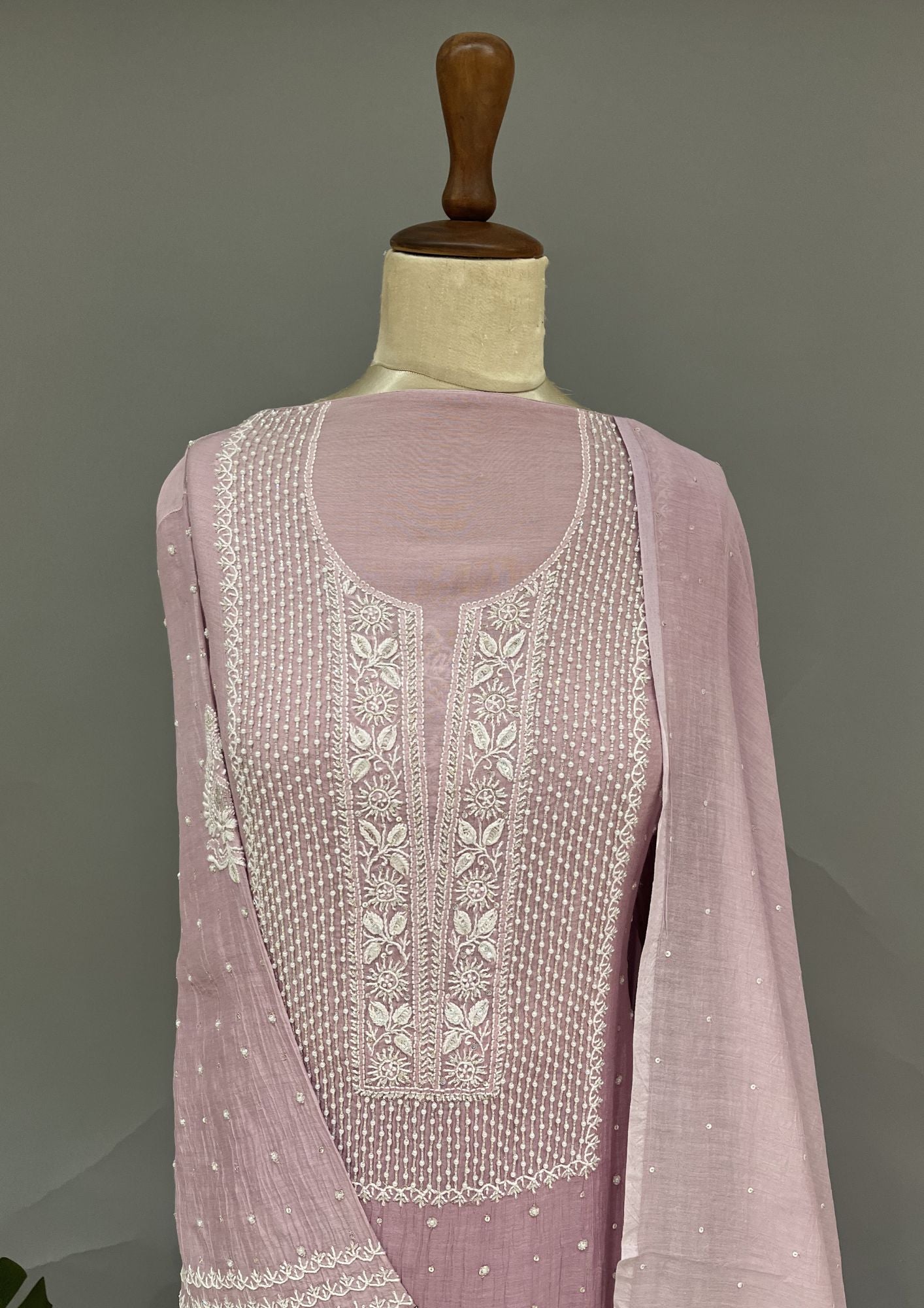 Mul Chanderi Chikankari Unstitch 2pc Suit - Heather Mauve