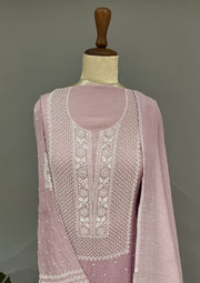 Mul Chanderi Chikankari Unstitch 2pc Suit - Heather Mauve
