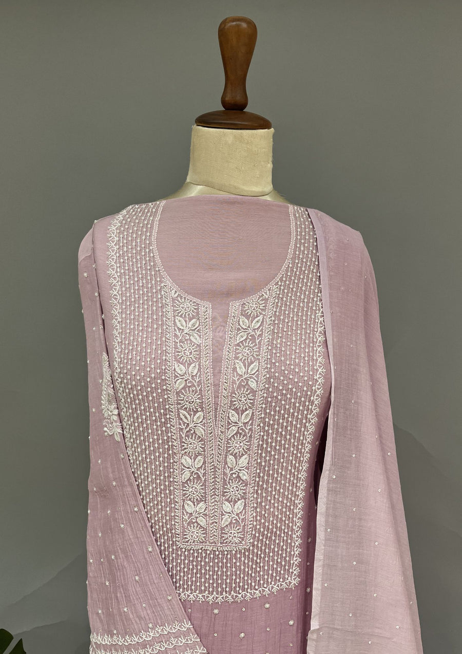 Mul Chanderi Chikankari Unstitch 2pc Suit - Heather Mauve