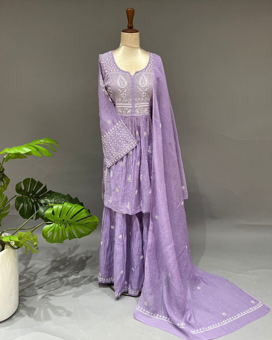 Mul Chanderi Chikankari Sharara Set - Lavender