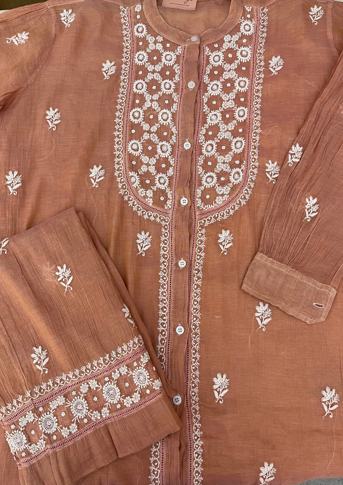 Chikankari Semistitched Tissue Co-ord Set -Caramel Brown