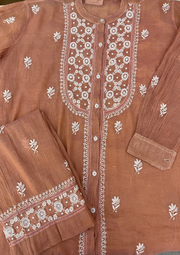 Chikankari Semistitched Tissue Co-ord Set -Caramel Brown