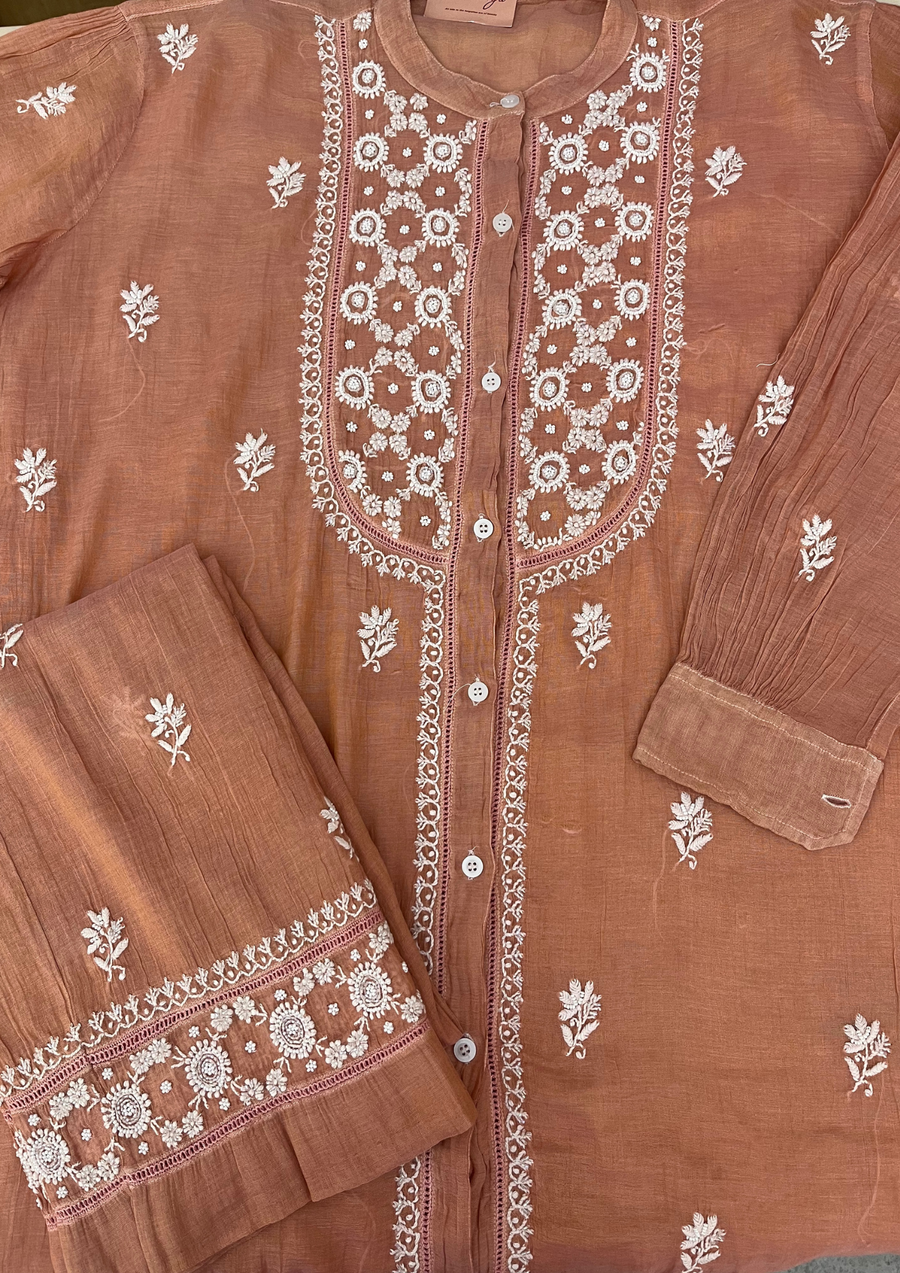 Chikankari Semistitched Tissue Co-ord Set -Caramel Brown