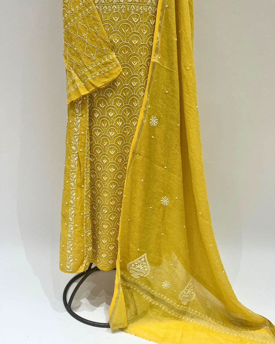 Tissue Chikankari Unstitched Anarkali - Daffodil Yellow