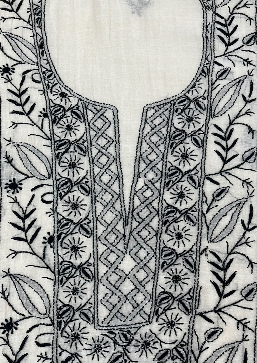 Chikankari Mul Chanderi Unstitched Suit - White and Black