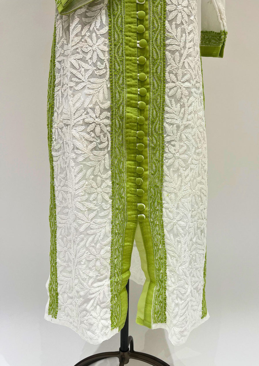Georgette Chikankari Long Kurti - White and Green