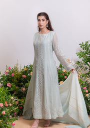 Mul Chanderi Chikankari Anarkali - Light Aqua Blue