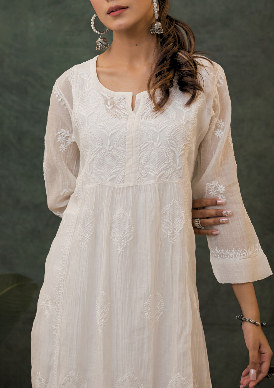 Mul Chikankari Long Kurti - Sunshine Yellow