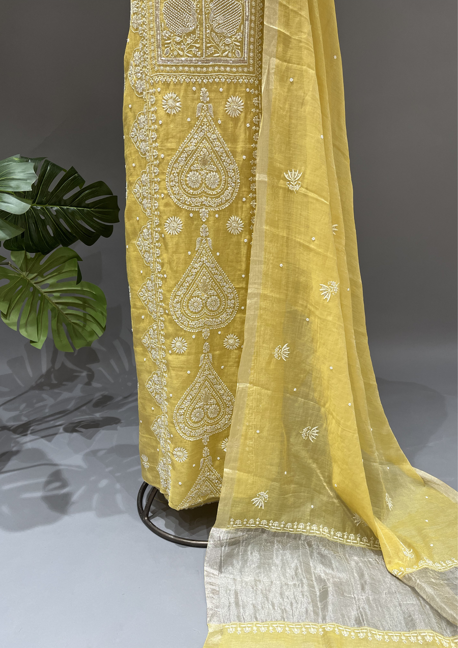 Chikankari Tissue Unstitched Kurta & Dupatta - Sunstruck Yellow