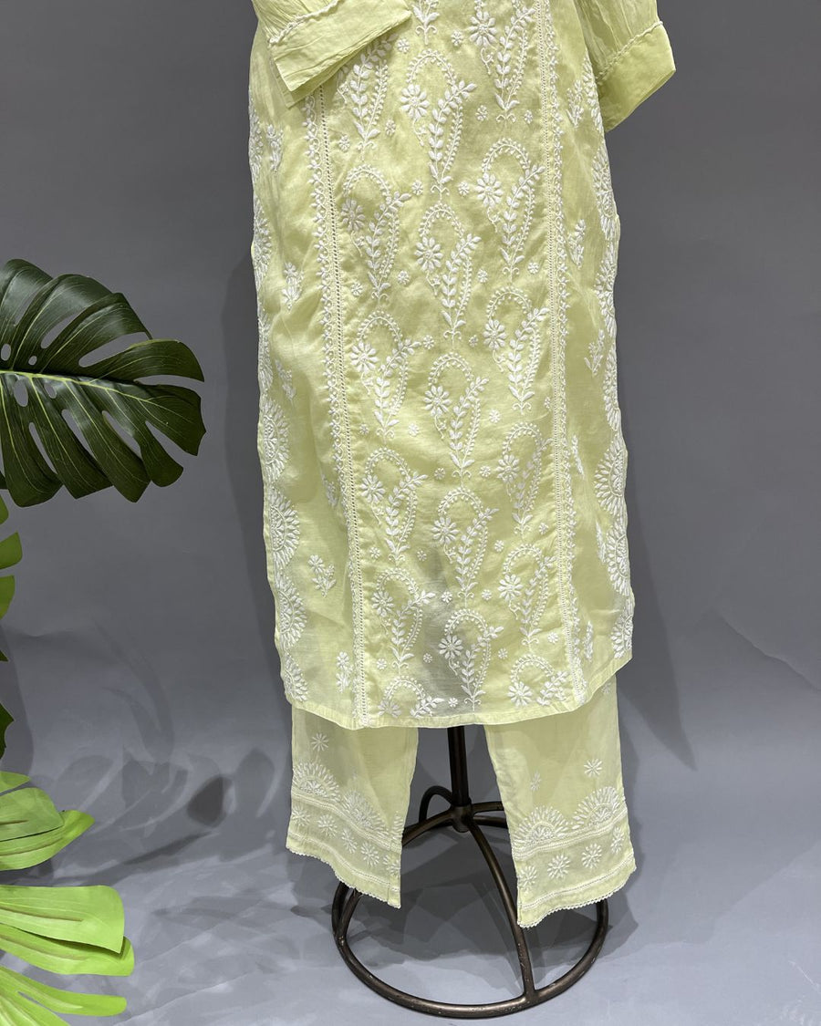 Chanderi Chikankari Co-ord Set - Neon Green