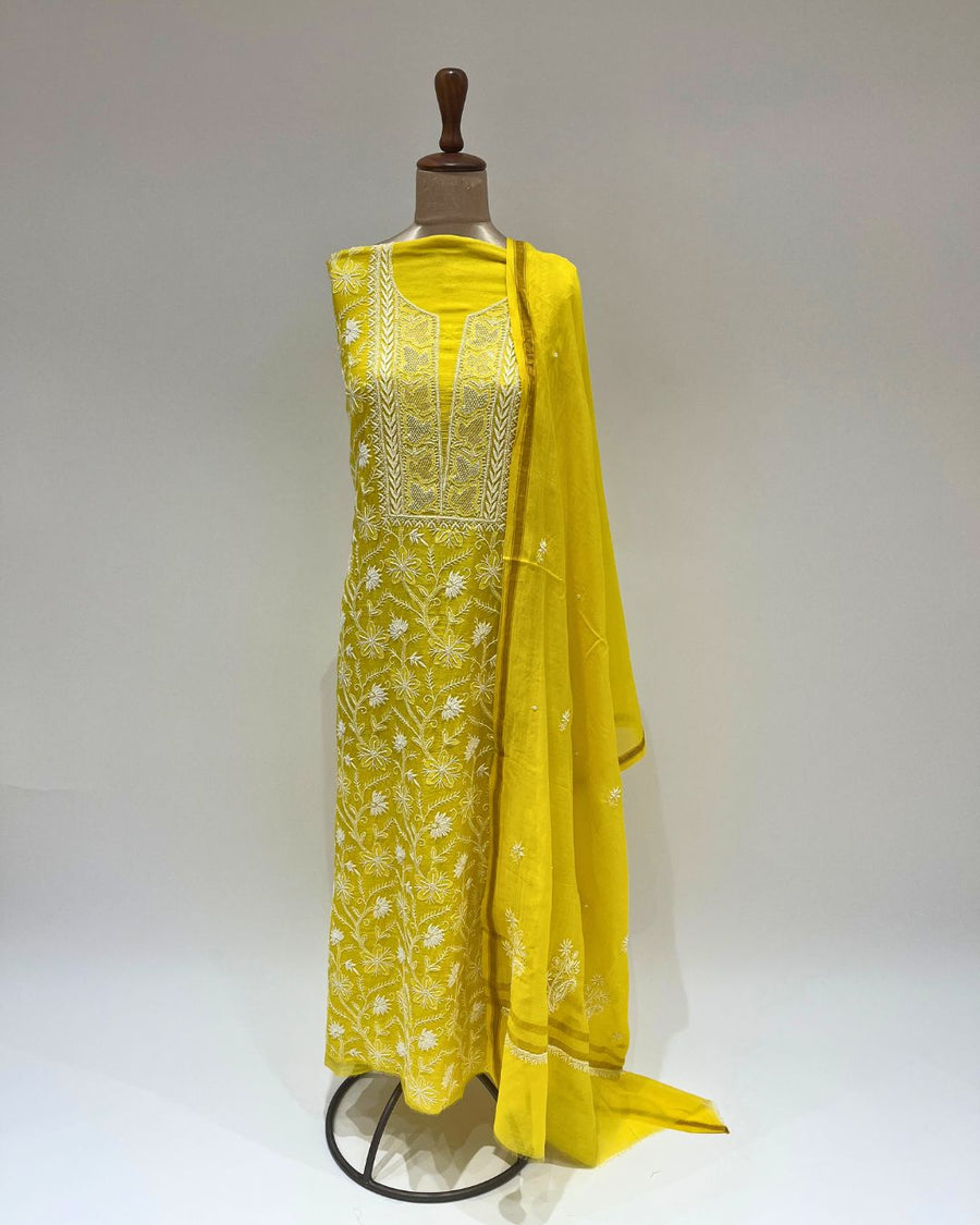 Mul Chikankari Unstitched 2pc Suit - Blazing Yellow