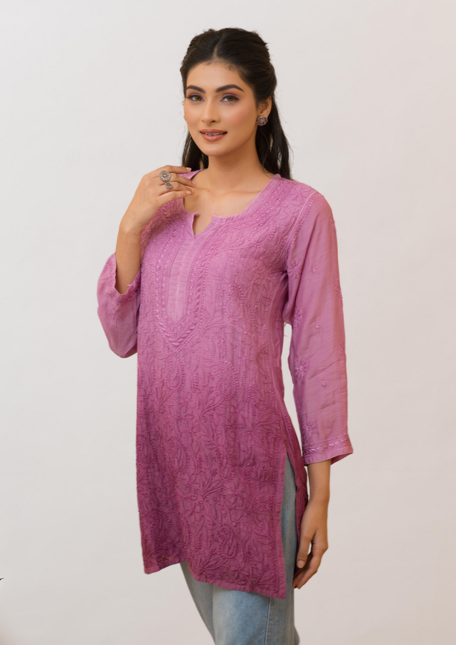 Muslin Chikankari Short Kurta - Purple ombre