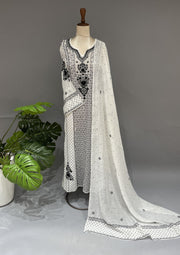 Mul Chanderi Chikankari Unstitch 2pc Anarkali - White & Black