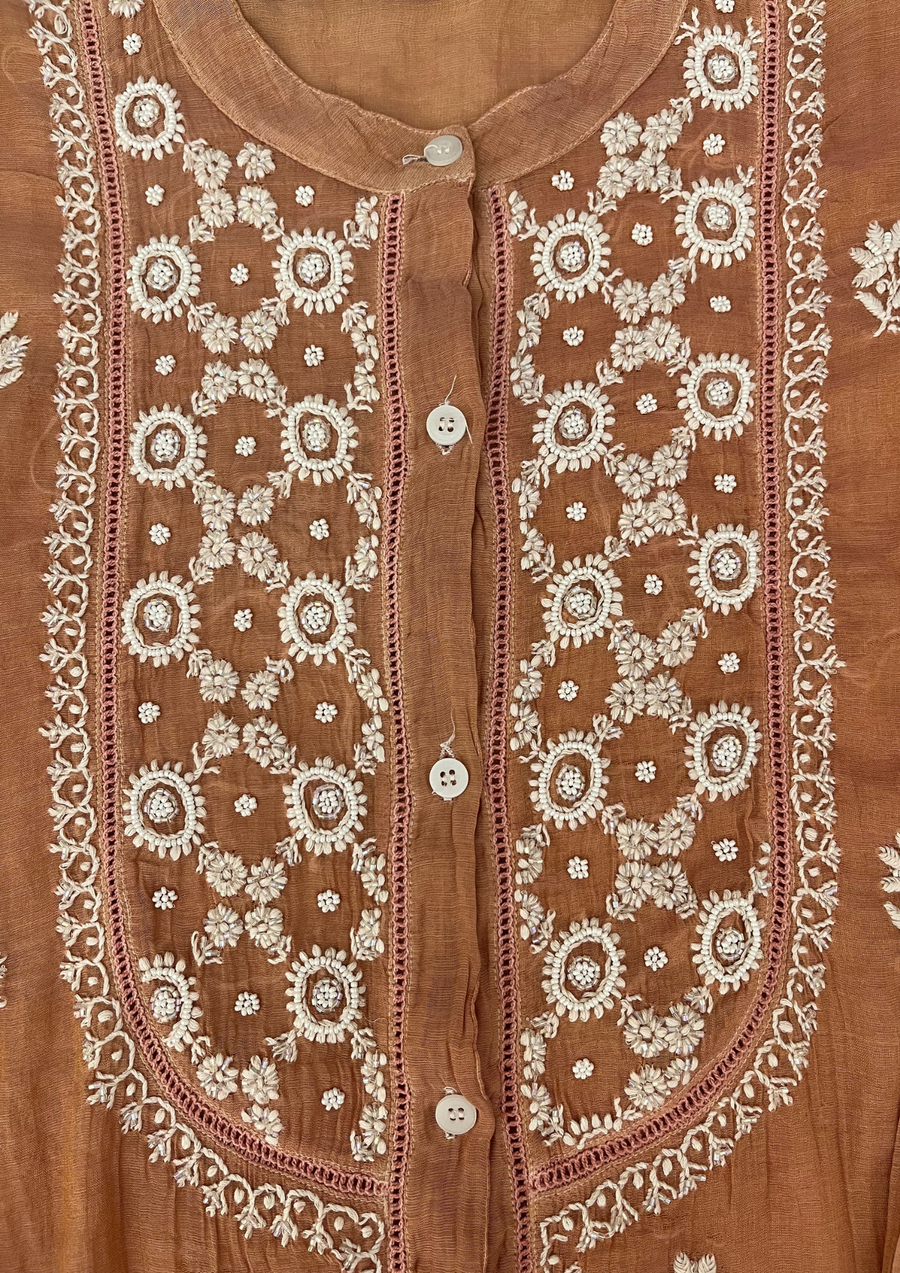 Chikankari Semistitched Tissue Co-ord Set -Caramel Brown