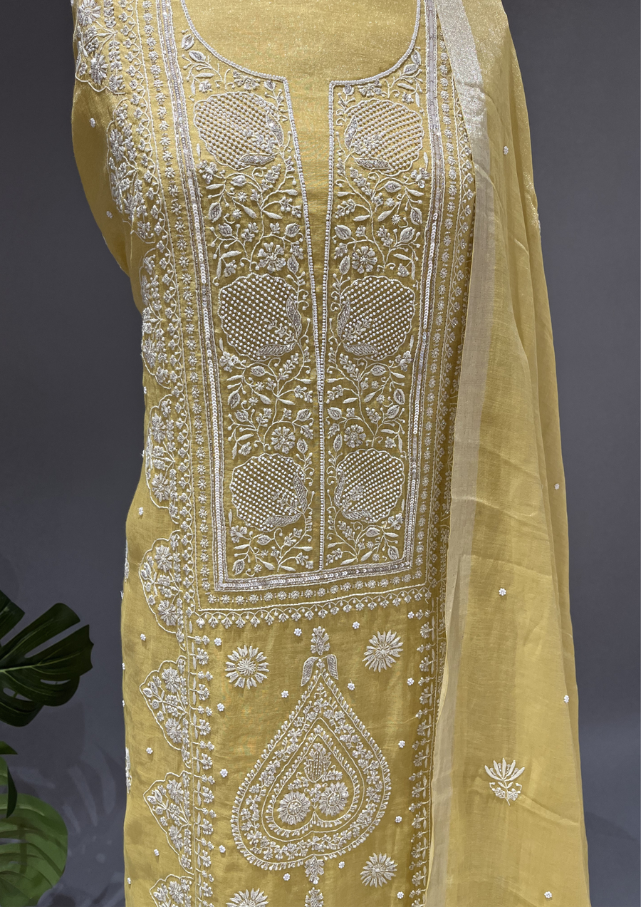 Chikankari Tissue Unstitched Kurta & Dupatta - Sunstruck Yellow