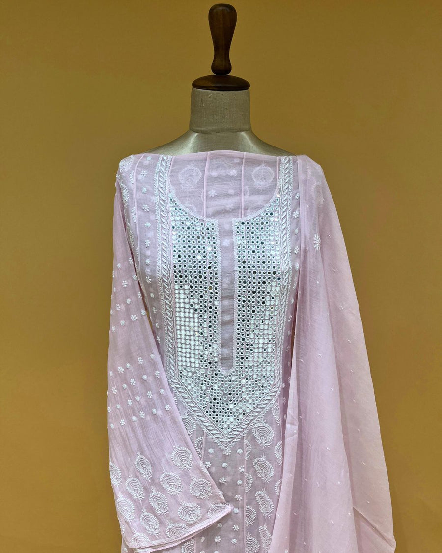 Mul Chikankari Unstitched Anarkali - Baby Pink