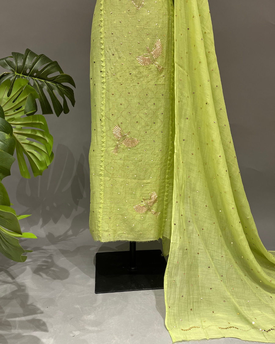 Mul Chanderi Muqaish Work Suit Set - Neon Green