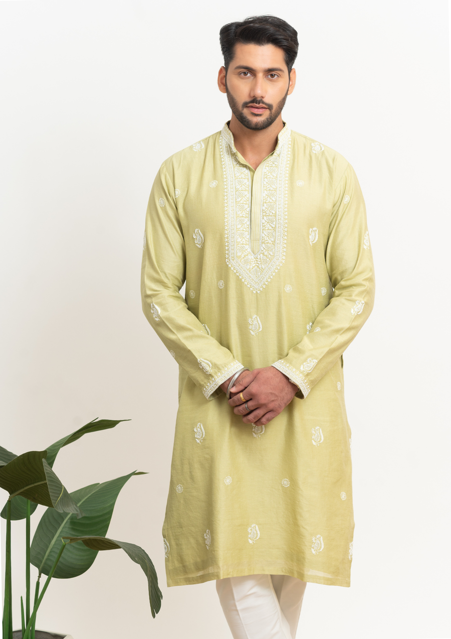 Tissue Chanderi Chikankari Men's Kurta - Green