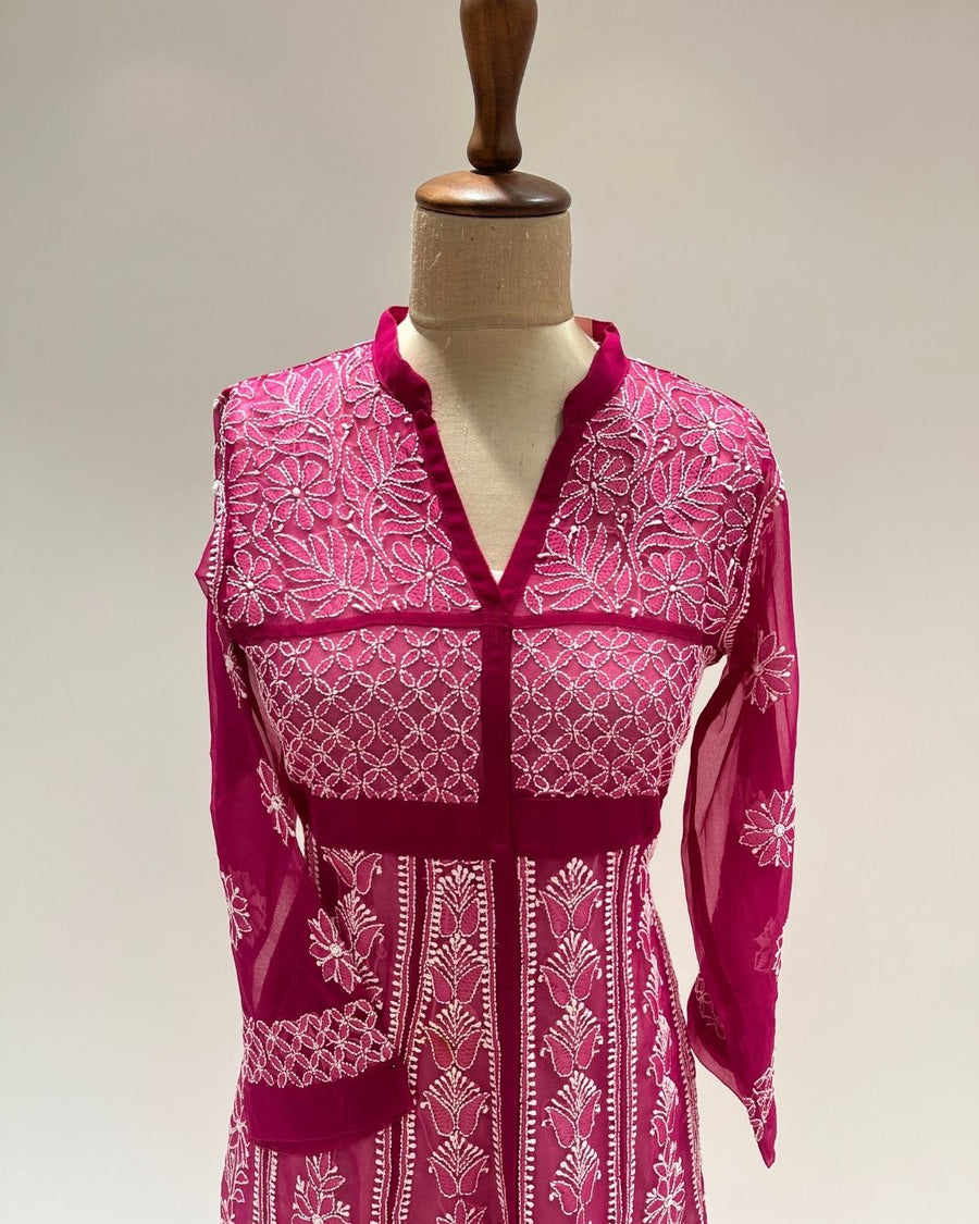 Georgette Anarkali Chikankari Kurta- Magenta Rose