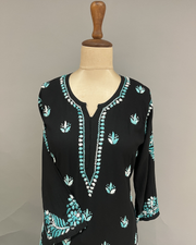 Rayon Chikankari Kurta and Bottom Set - Black and Teal