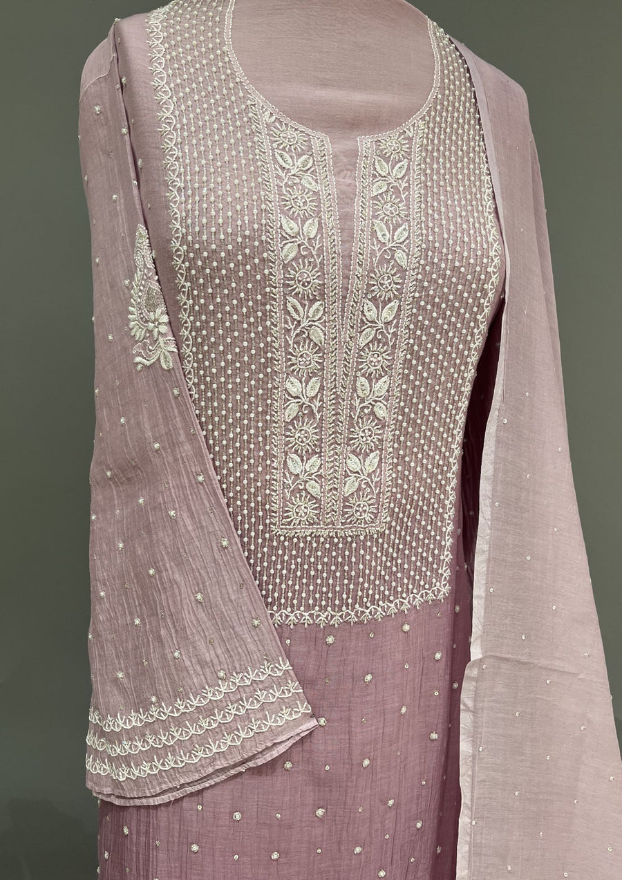 Mul Chanderi Chikankari Unstitch 2pc Suit - Heather Mauve