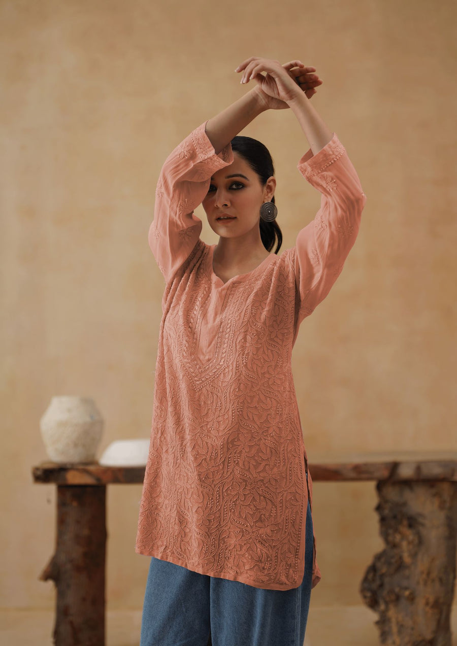 Muslin Chikankri Short kurti Jaal - Blush