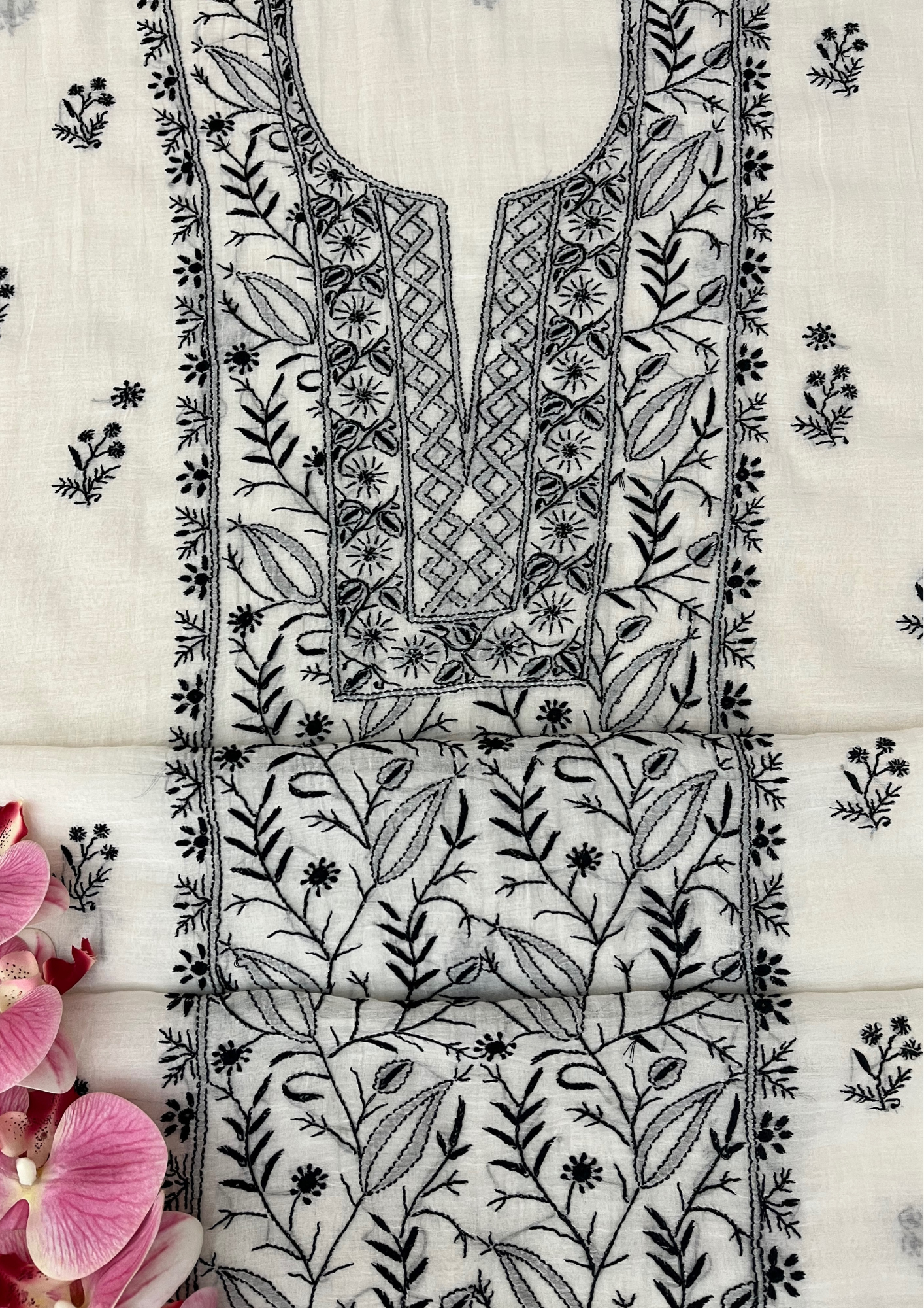 Chikankari Mul Chanderi Unstitched Suit - White and Black