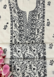 Chikankari Mul Chanderi Unstitched Suit - White and Black