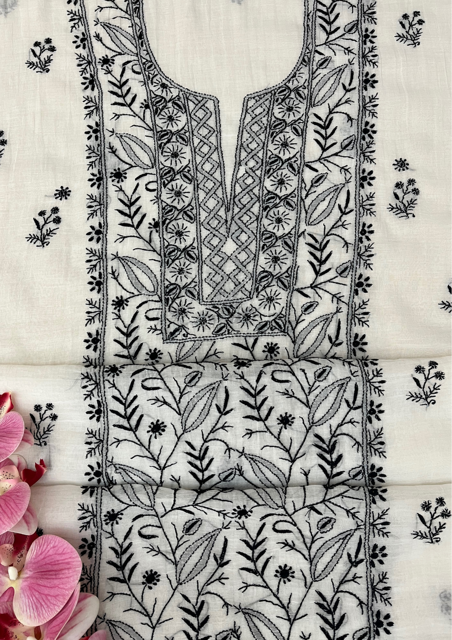 Chikankari Mul Chanderi Unstitched Suit - White and Black