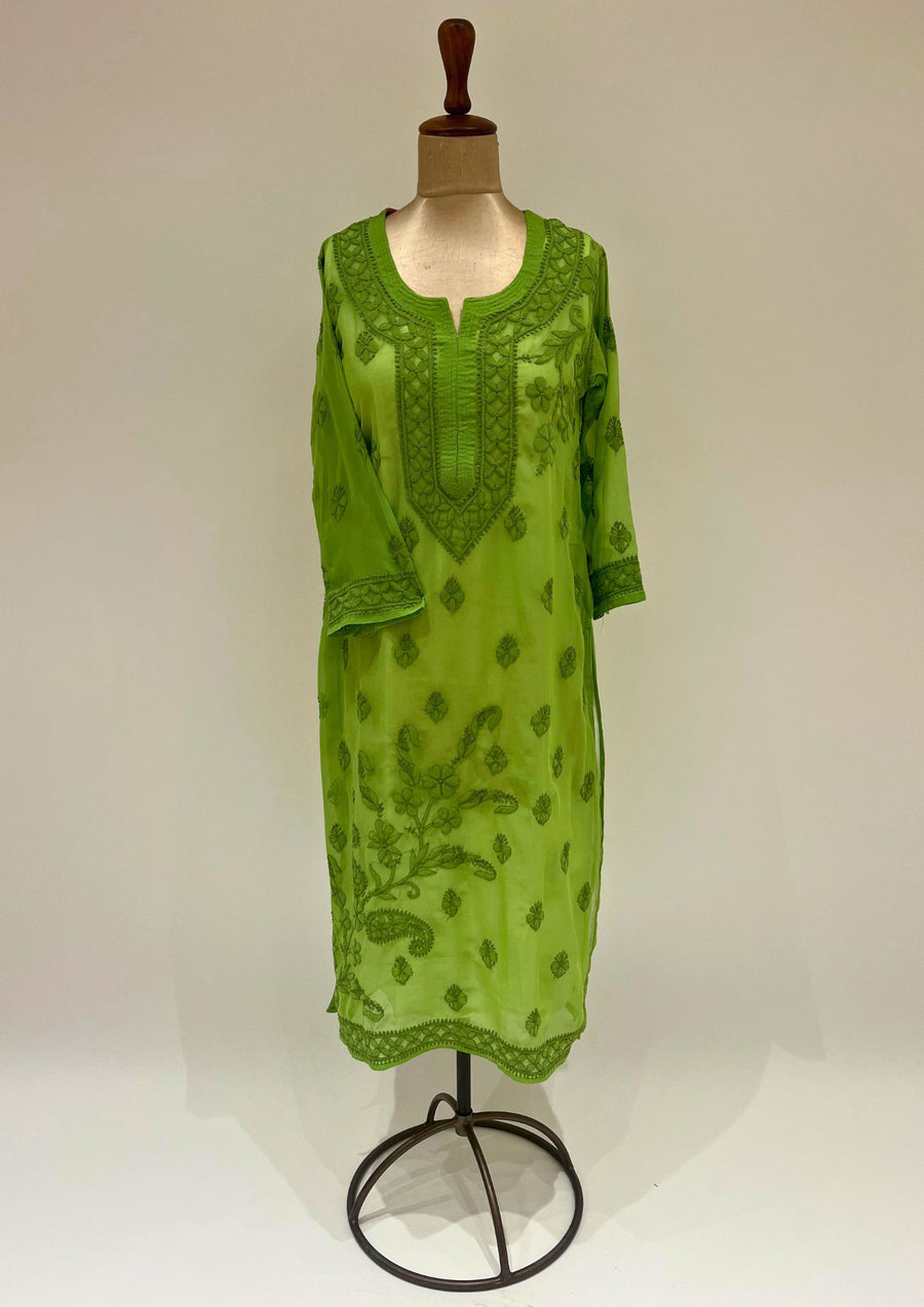 Georgette Chikankari Long Kurti - Pulpe Green