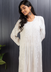 Modal chikankari long kurti - white