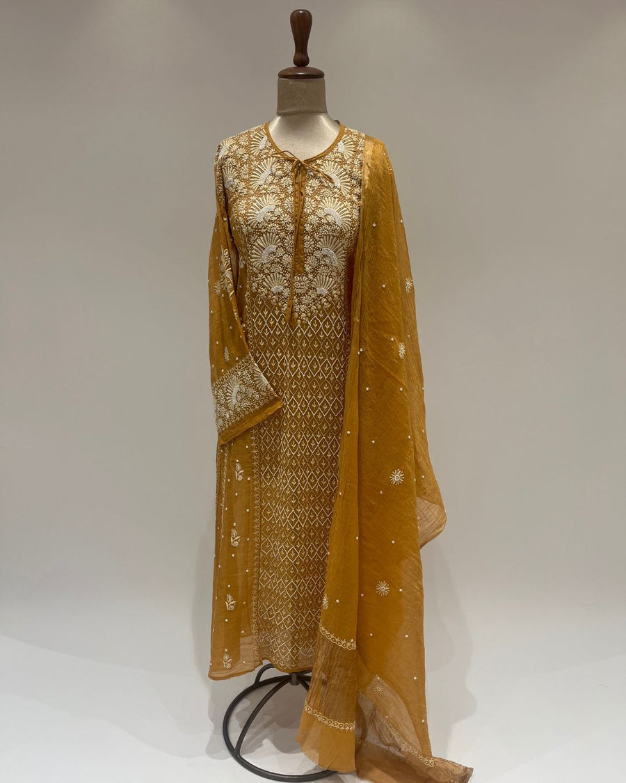 Tissue Chikankari Unstitched Anarkali - Mustard Yellow