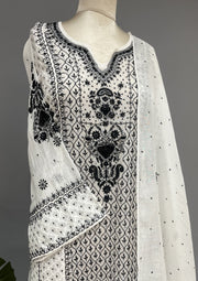 Mul Chanderi Chikankari Unstitch 2pc Anarkali - White & Black