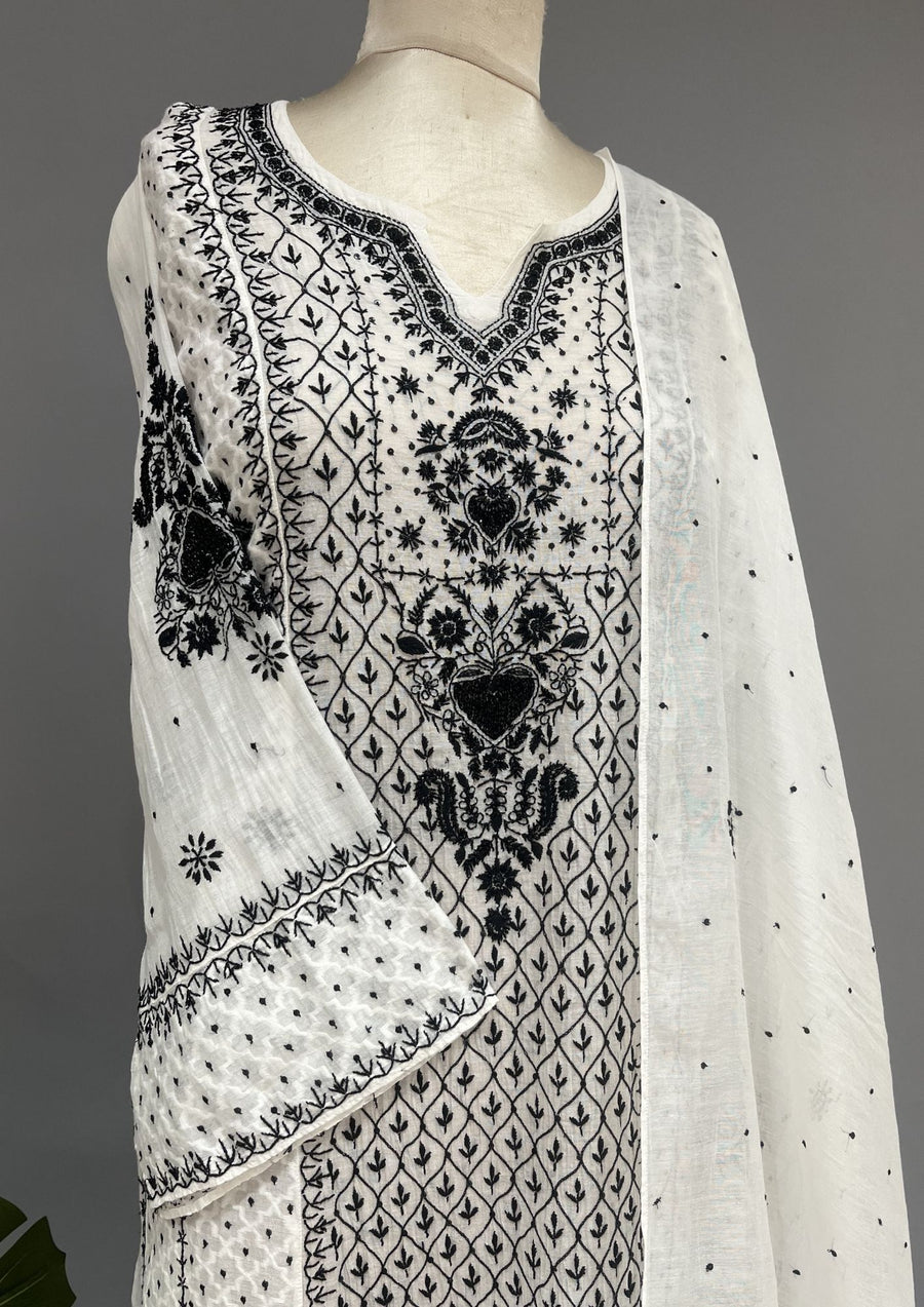 Mul Chanderi Chikankari Unstitch 2pc Anarkali - White & Black