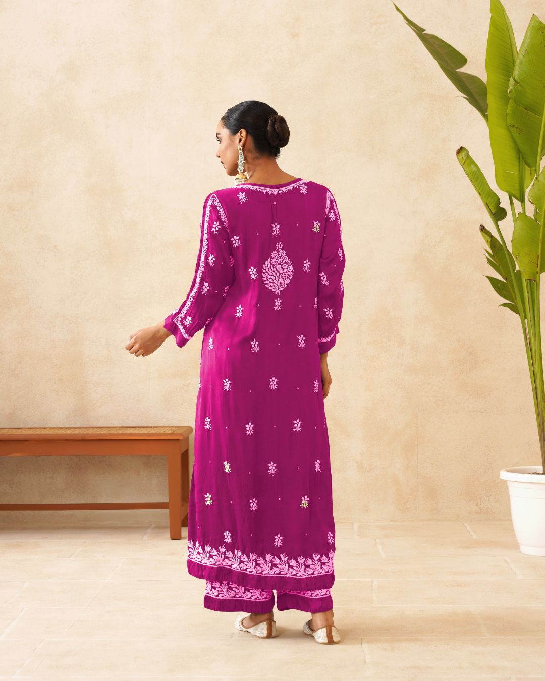 Modal Chikankari Stitch 3pc Suit - Fuchsia Pink