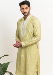 Tissue Chanderi Chikankari Men's Kurta - Green