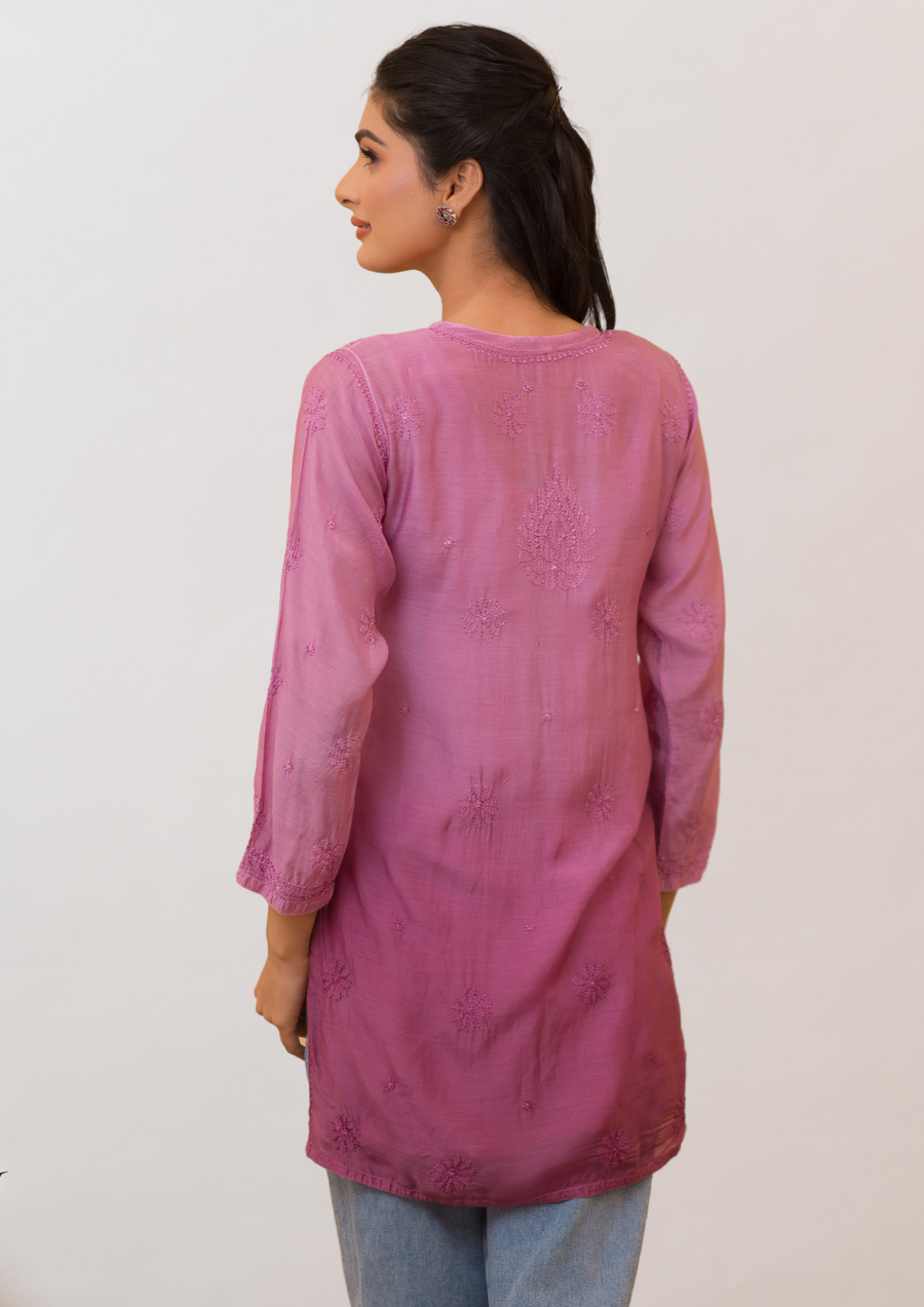 Muslin Chikankari Short Kurta - Purple ombre