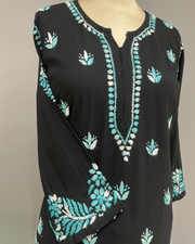 Rayon Chikankari Kurta and Bottom Set - Black and Teal