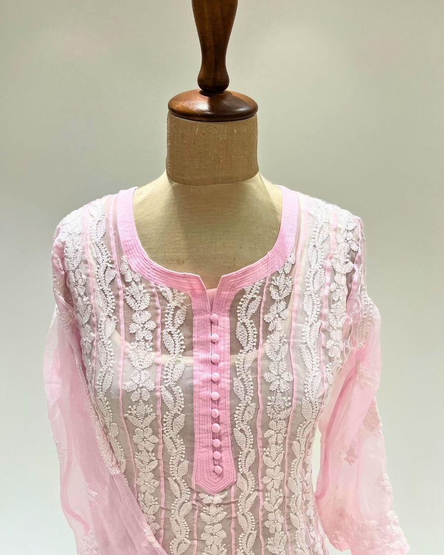 Georgette Anarkali Chikankari Kurta- Baby Pink