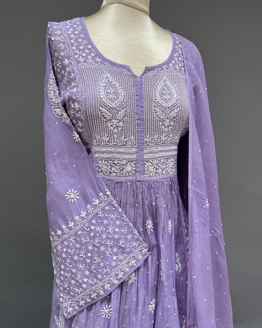 Mul Chanderi Chikankari Sharara Set - Lavender