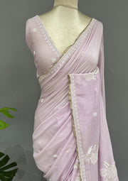Mul Chanderi Chikankari Saree - Lilac
