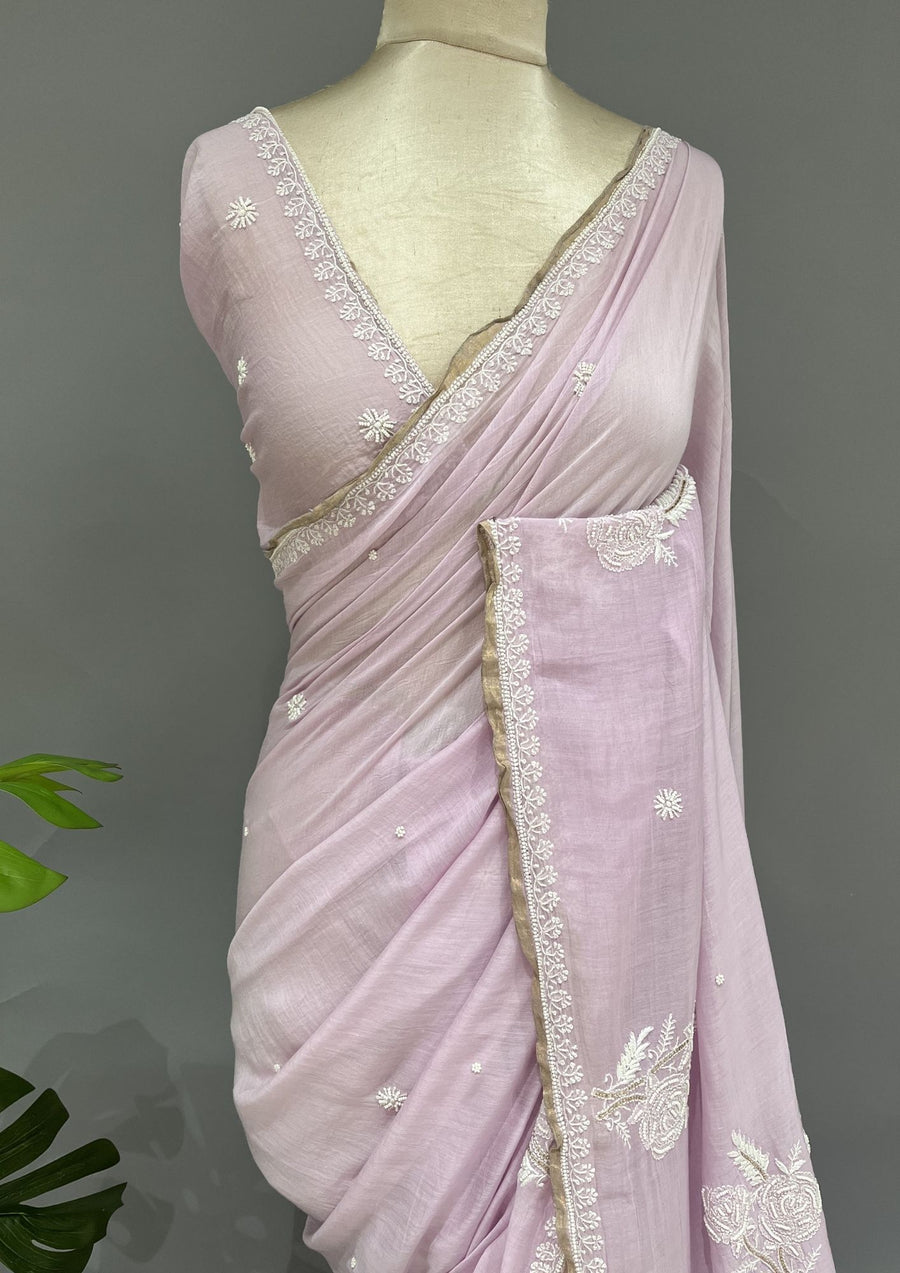 Mul Chanderi Chikankari Saree - Lilac