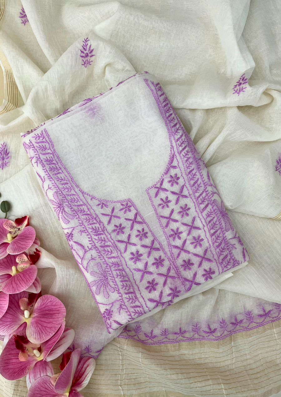 Chikankari Mul Chanderi Unstitched Suit - White and Purple