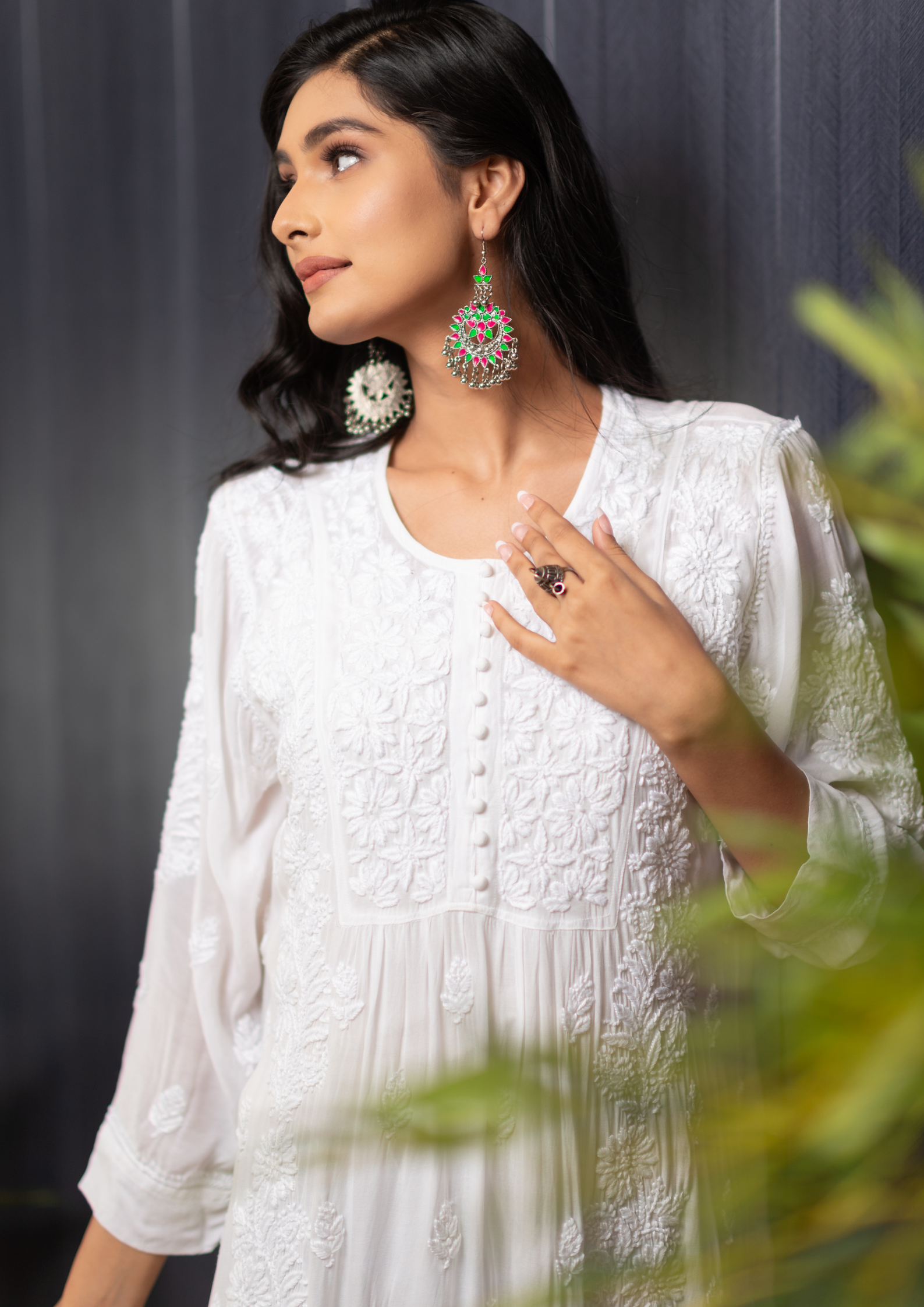 Modal chikankari long kurti - white