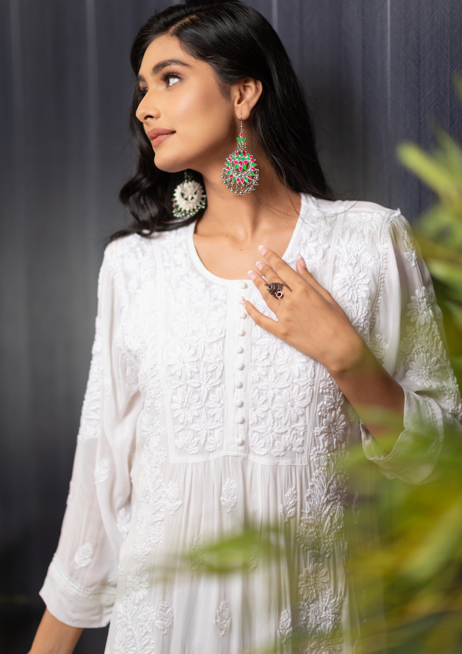 Modal chikankari long kurti - white